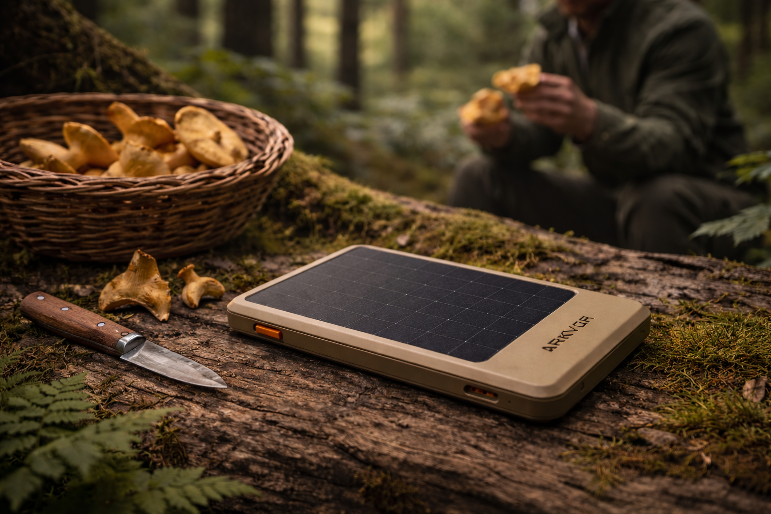 ARKVOR device with foraged chanterelle mushrooms in forest