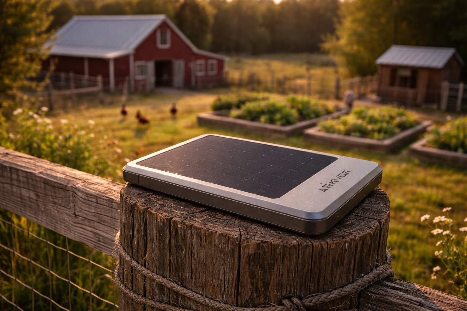 ARKVOR device on fence post with homestead barn and garden