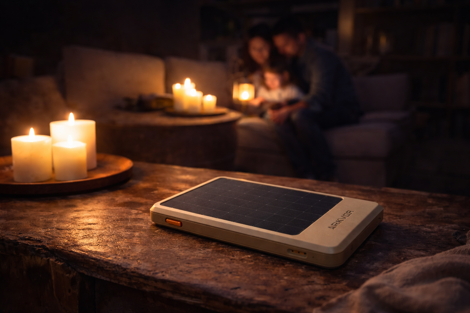 ARKVOR device on table during power outage with candles and family
