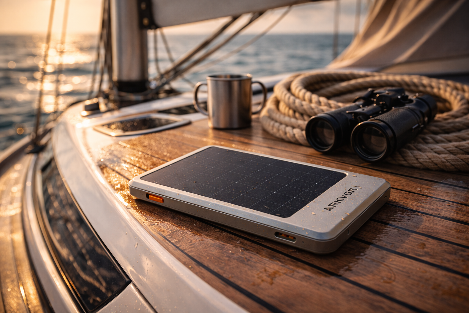 ARKVOR device on sailboat deck at sea with binoculars